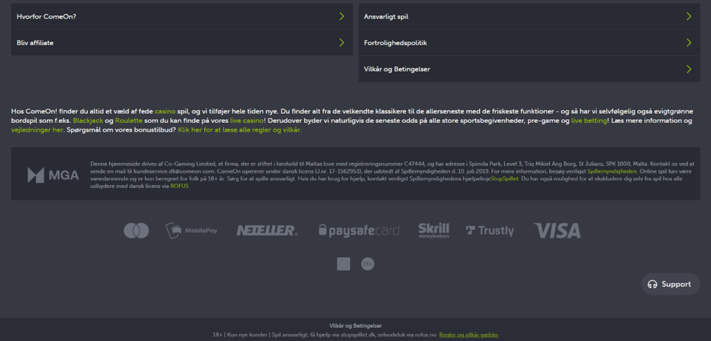 Licensoplysninger i footeren på et kvalitetswebsted for online casinoer
