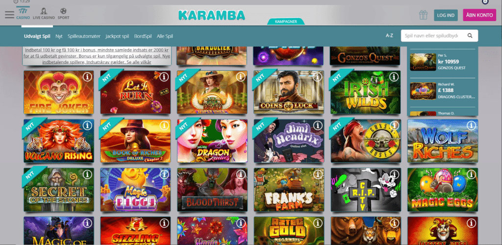 Et katalog over spilunderholdning på Karamba online casino.